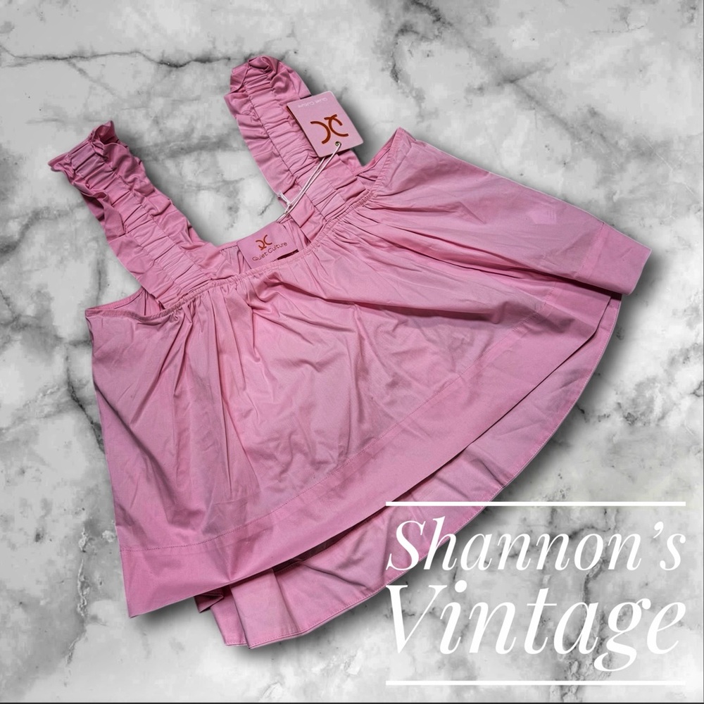 Quiet Culture NWT TAKE PAUSE Sz large Pink w/ navy-white ribbon trim ruffle top